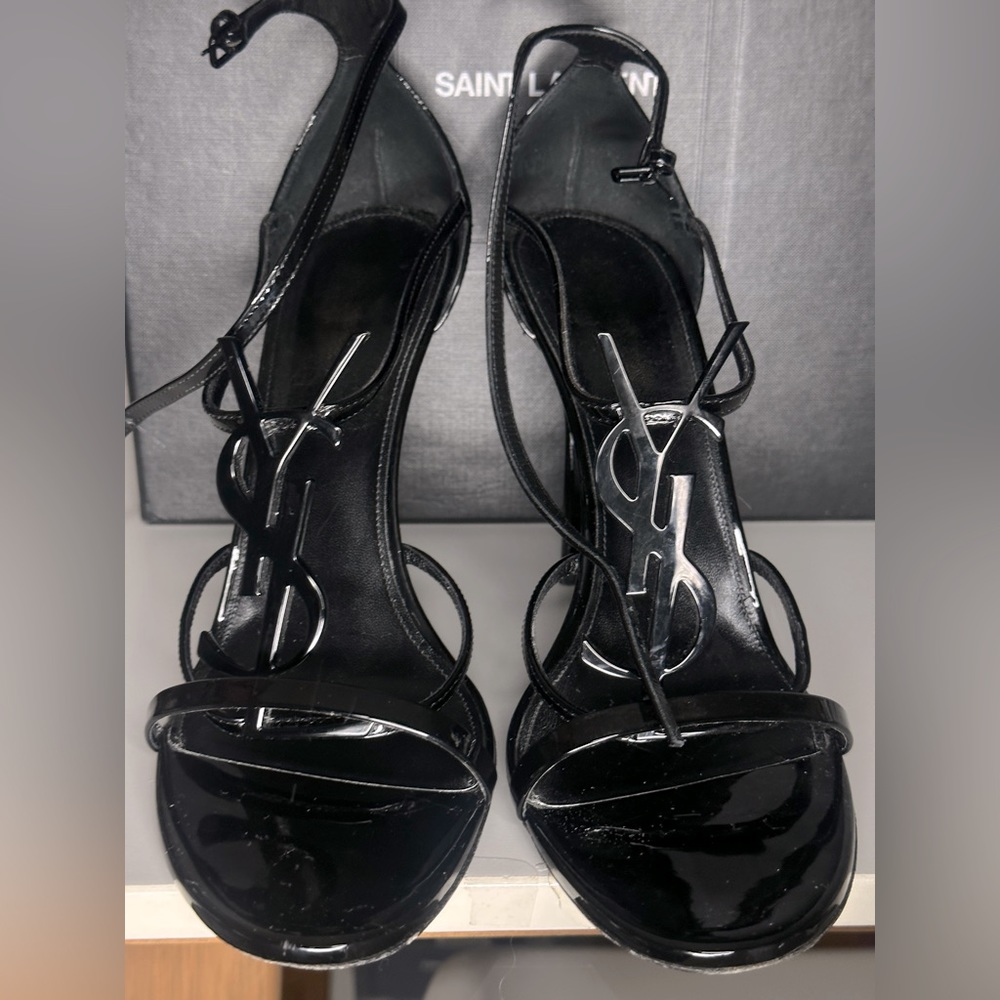 Saint Laurent
Opyum YSL Patent Ankle-Strap Sandals, black, size 42